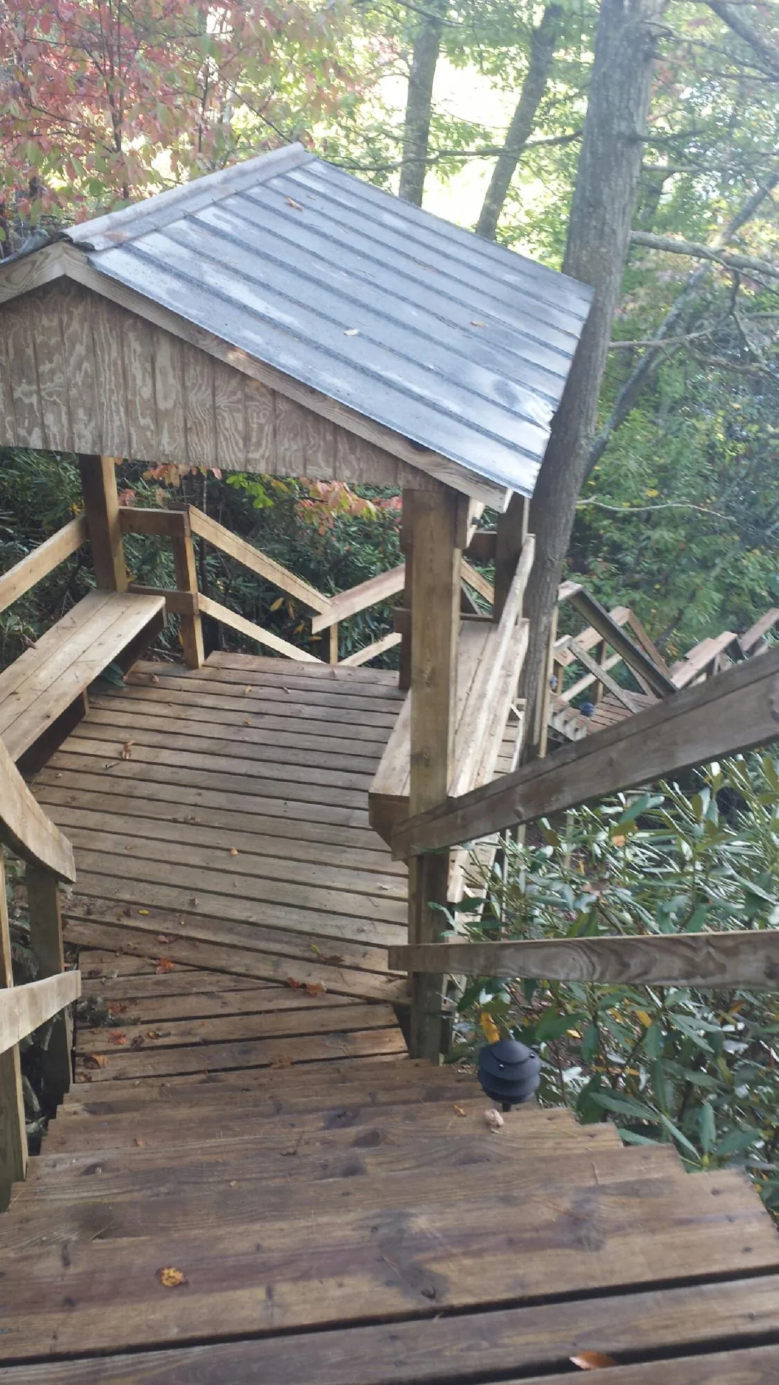 Metal roofed shelter over wooden steps on a wooded walkway — Skylight Repair & Installation work by our crew in Royston